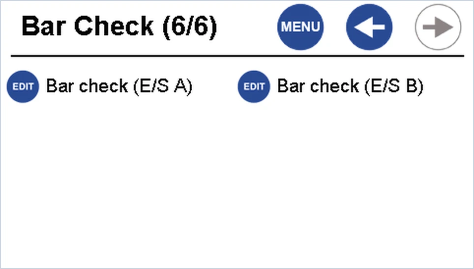 Bar Check page 6 of 6 on the echo sounder touchscreen, with buttons for Bar check E/S A and Bar check E/S B.