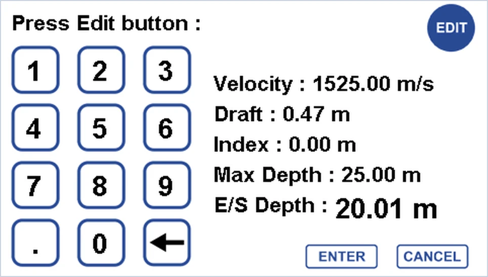 Bar Check tool showing a keypad and the current velocity, draft, index, max depth and measured E/S depth.