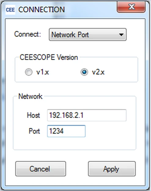 CEESCOPE Connect connection window with Connect set to Network Port, CEESCOPE version v2.x, host 192.168.2.1 and port 1234.