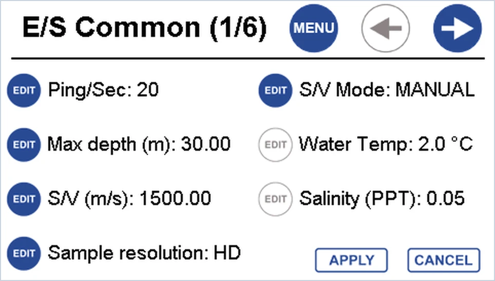 E/S Common page 1 of 6 on the echo sounder touchscreen, showing ping rate, max depth, sound velocity, sound velocity mode, water temperature, salinity and sample resolution.