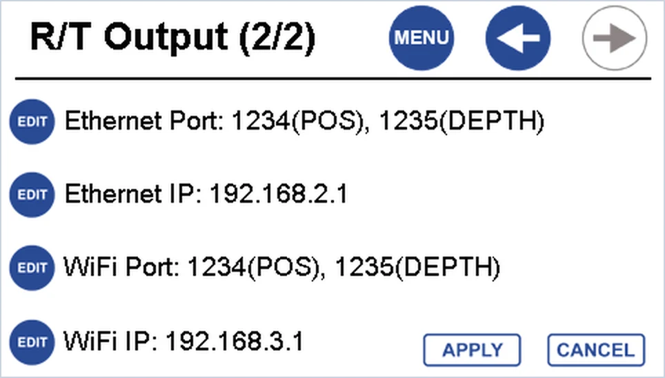 R/T Output page 2 of 2 on the echo sounder touchscreen, with Ethernet port 1234 for position and 1235 for depth, Ethernet IP 192.168.2.1, and the Wi-Fi port and IP.
