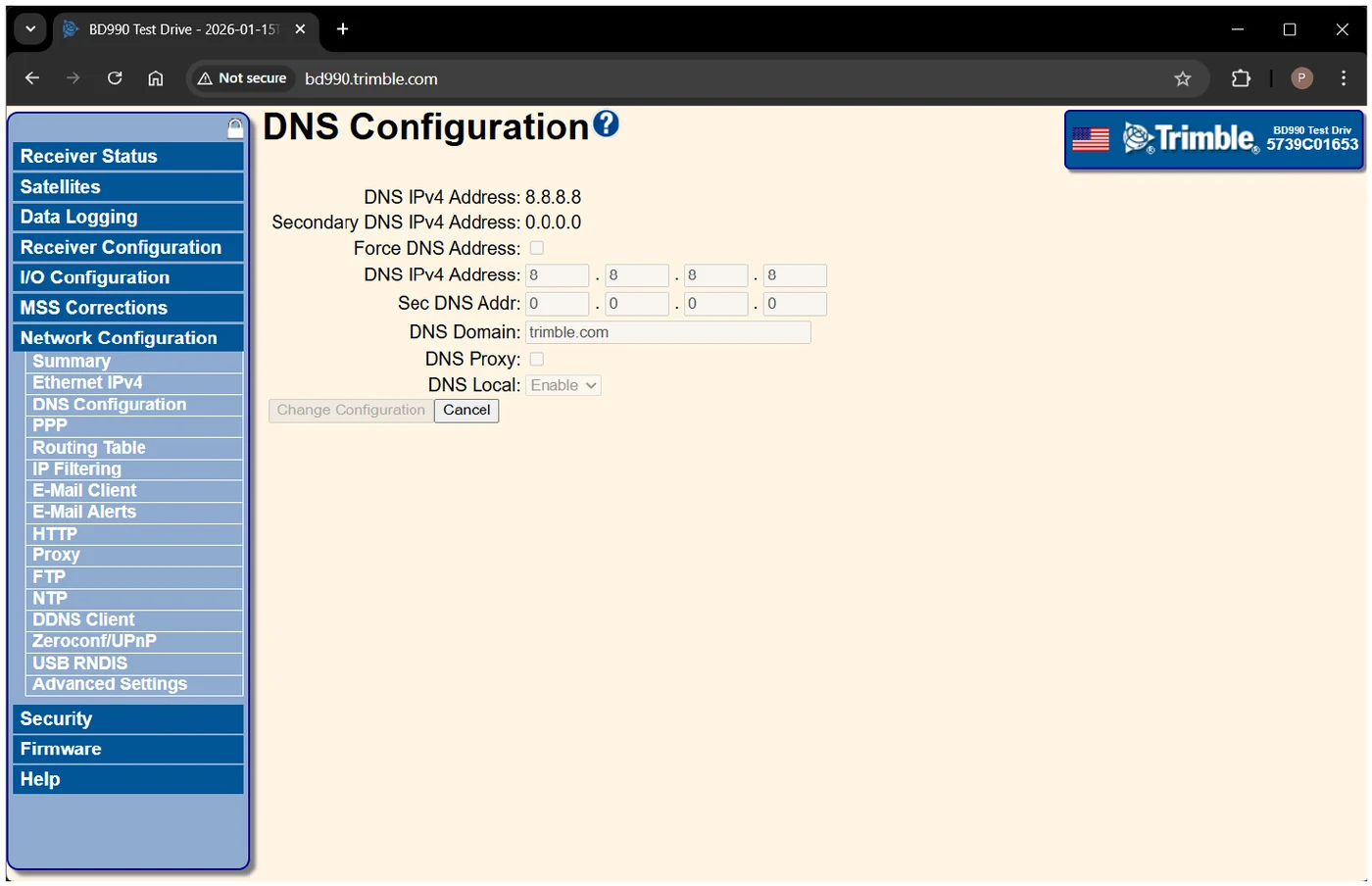 Trimble web server DNS Configuration page with the DNS address fields.