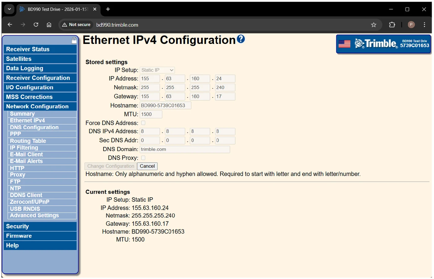 Trimble web server Ethernet IPv4 Configuration page with IP Setup, IP Address, Netmask and Gateway fields.