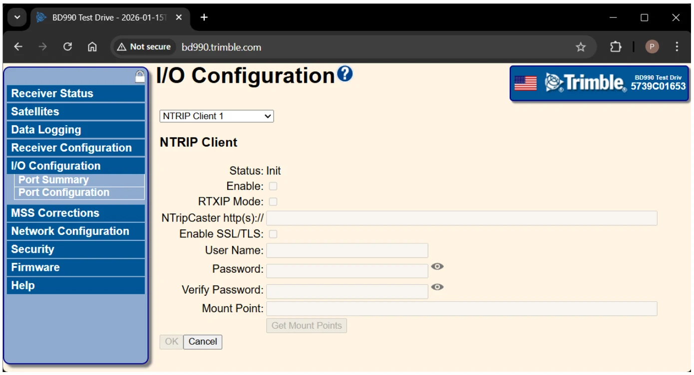 Trimble web server I/O Configuration page with NTRIP Client 1 fields.