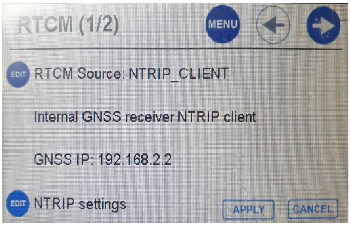 CEESCOPE™ RTCM screen showing RTCM Source NTRIP_CLIENT, internal GNSS receiver NTRIP client and GNSS IP 192.168.2.2.