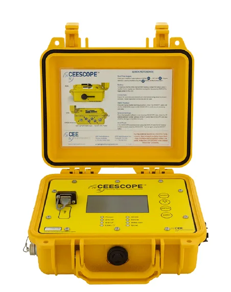 CEESCOPE™ echo sounder in its yellow case, lid open.