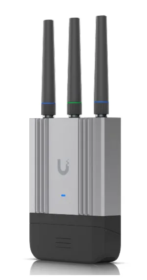Ubiquiti UMR-Industrial LTE router with its antennas fitted.