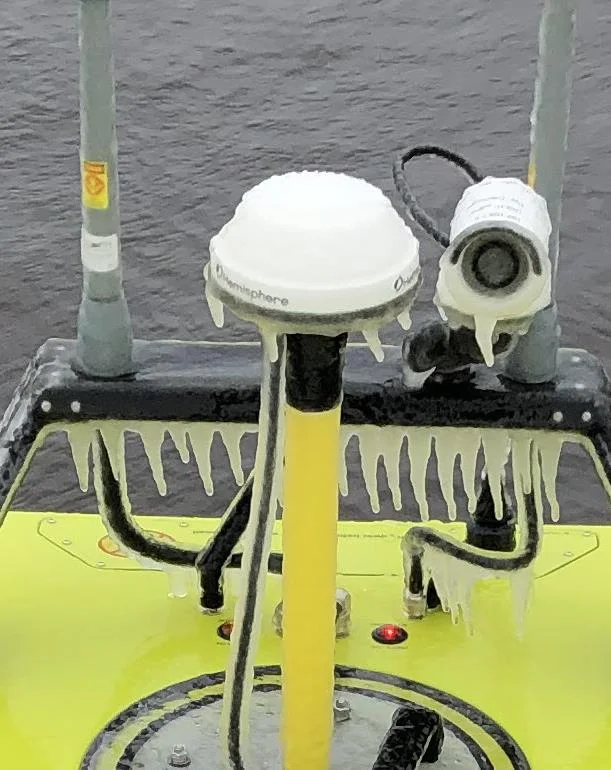 Ice covering the antenna wing of the CEE-USV