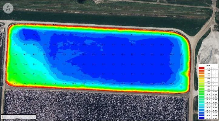 Colour depth map of the wastewater pond over an aerial image