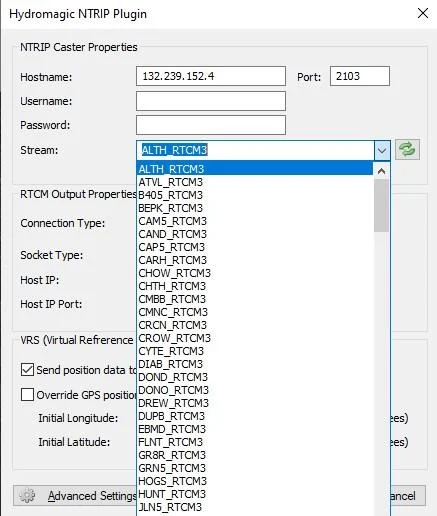 Example network RTK login settings