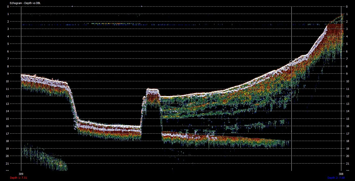 Dual frequency echogram across an empty cell and an adjoining cell with tailings deposition