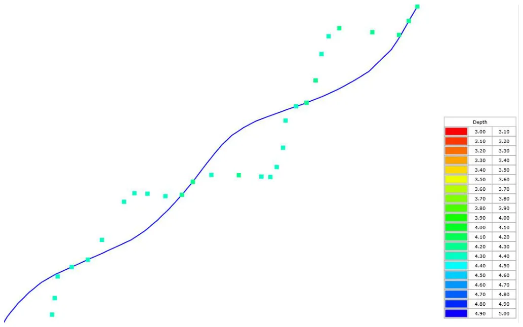 RAW track over a mostly flat bottom: depth swings from the PWC rolling.