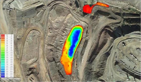 Colour bathymetry map of a sulfuric acid leach pond