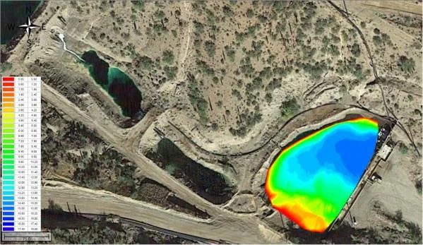Colour bathymetry map of a second sulfuric acid leach pond