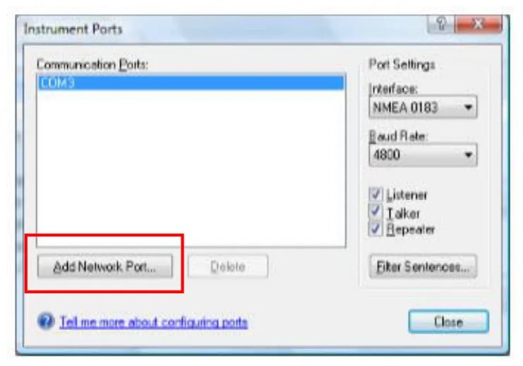RosePoint ECS port settings: NMEA 0183, Add Network Port.