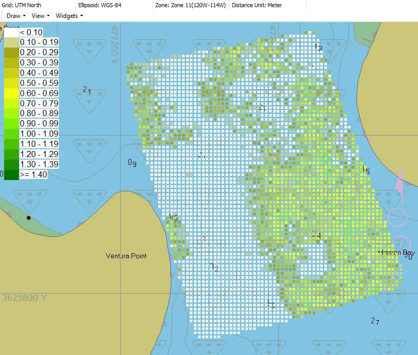 HYPACK TIN model of eelgrass height with an eelgrass colour scale