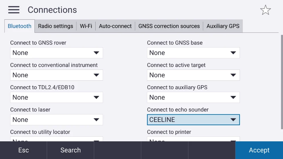 Trimble Access connections with CEELINE selected as the echo sounder.