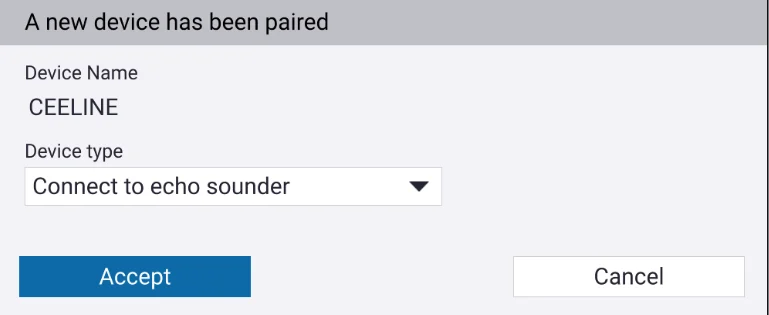 Pairing confirmed, with the device type set to echo sounder.