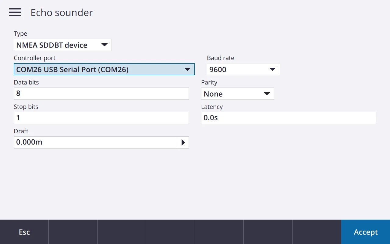 Echo sounder options with the “Smart” USB cable on COM26.
