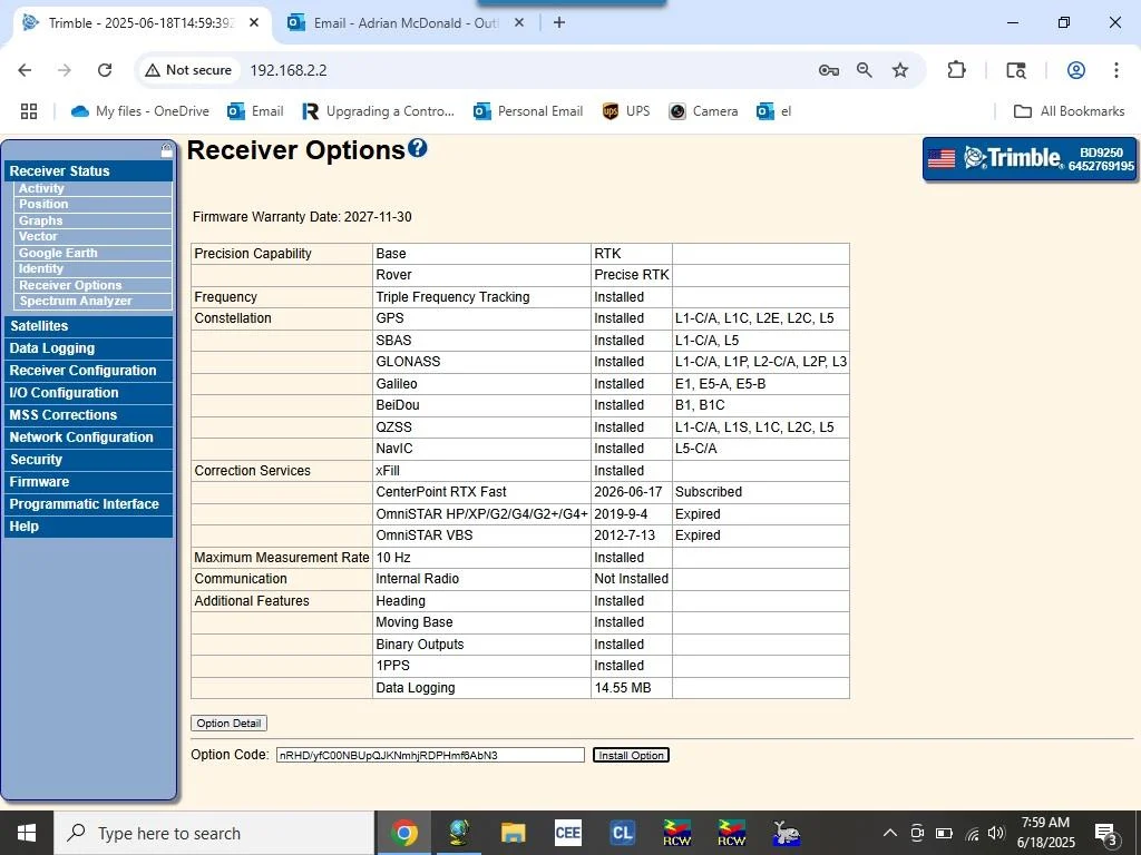Entering the RTX activation code in Receiver Options.