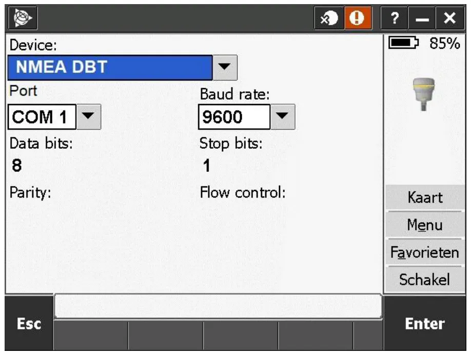 Echo sounder: NMEA DBT on COM1 at 9600 baud.