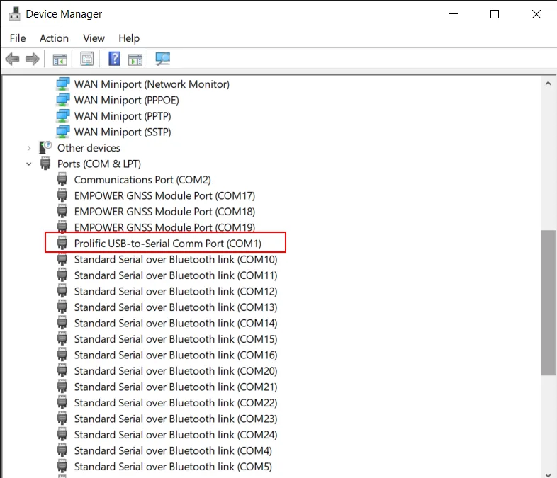 Device Manager with the TSC7 RS-232 port (COM1) highlighted.