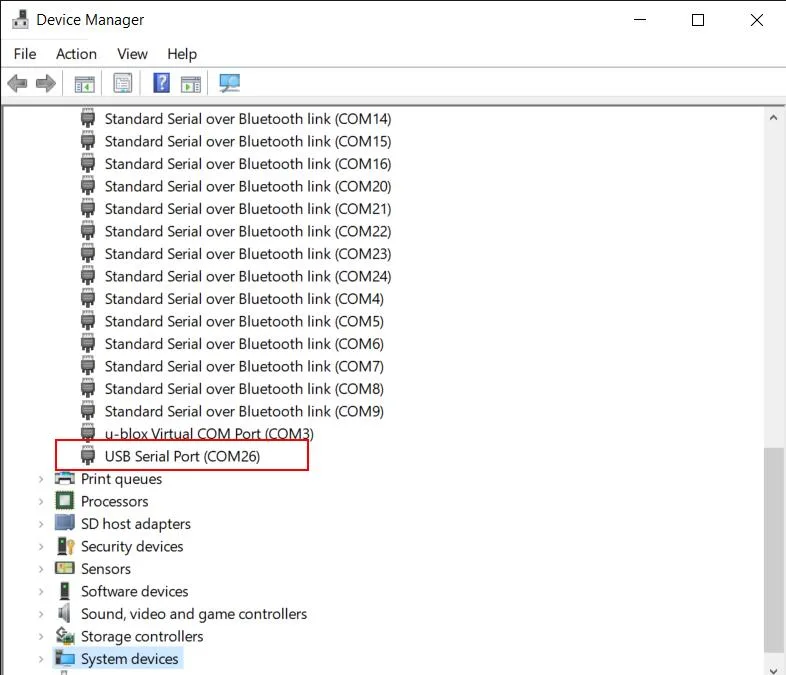 Device Manager with the “Smart” USB cable (COM26) highlighted.