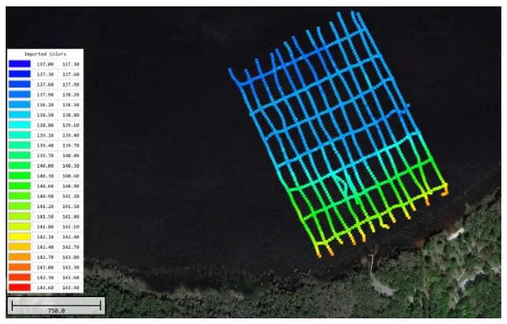 Survey and cross lines coloured by depth.