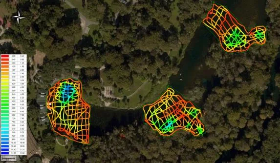 Colour-coded survey lines over aerial imagery of the Silver River