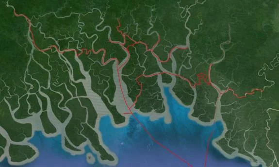 Satellite image of a river delta with survey tracks marked in red